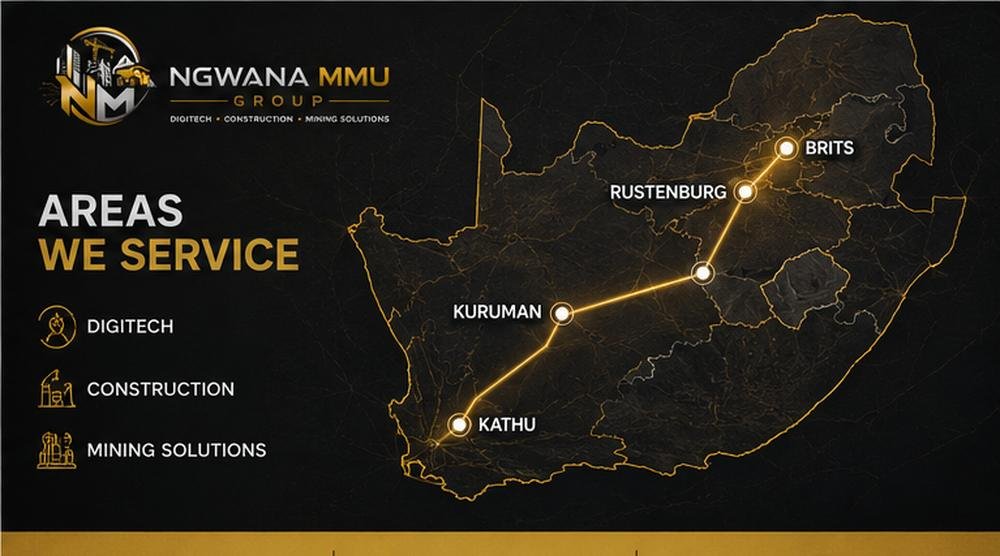 Map of Ngwana Mmu Group service areas — Brits, Rustenburg, Kuruman and Kathu